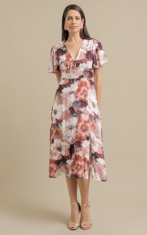 Ptd Rayon Tie Front Midi Dress Berry/floral