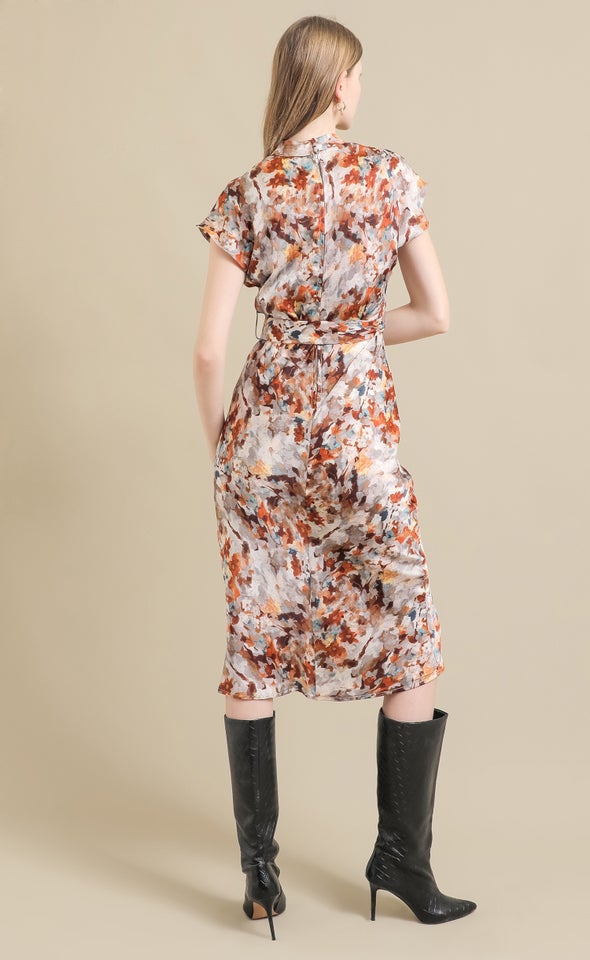 Ptd Satin High Neck Belted Flutter Dress Multi