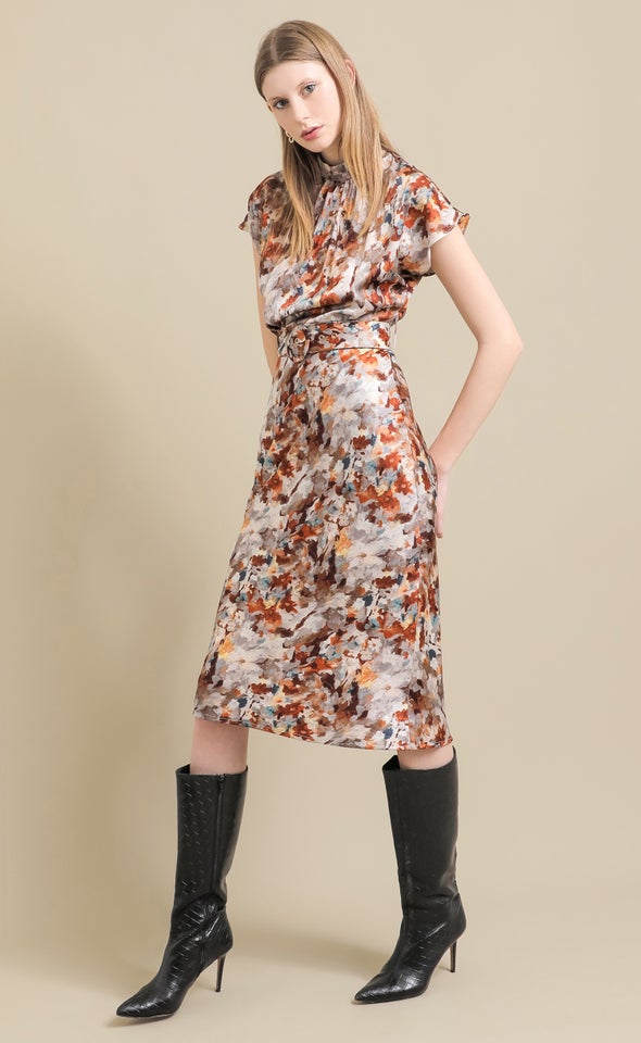 Ptd Satin High Neck Belted Flutter Dress Multi