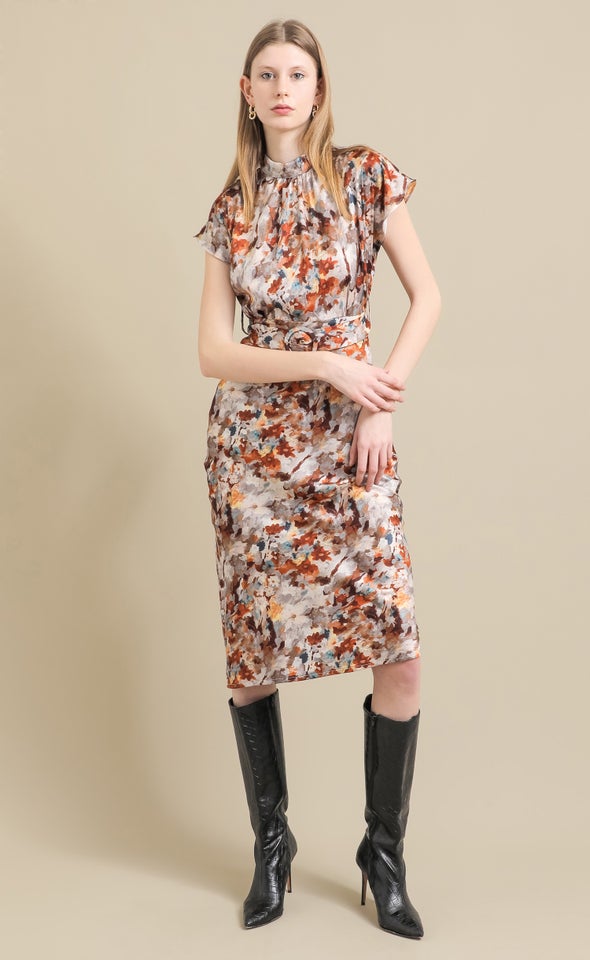 Ptd Satin High Neck Belted Flutter Dress Multi