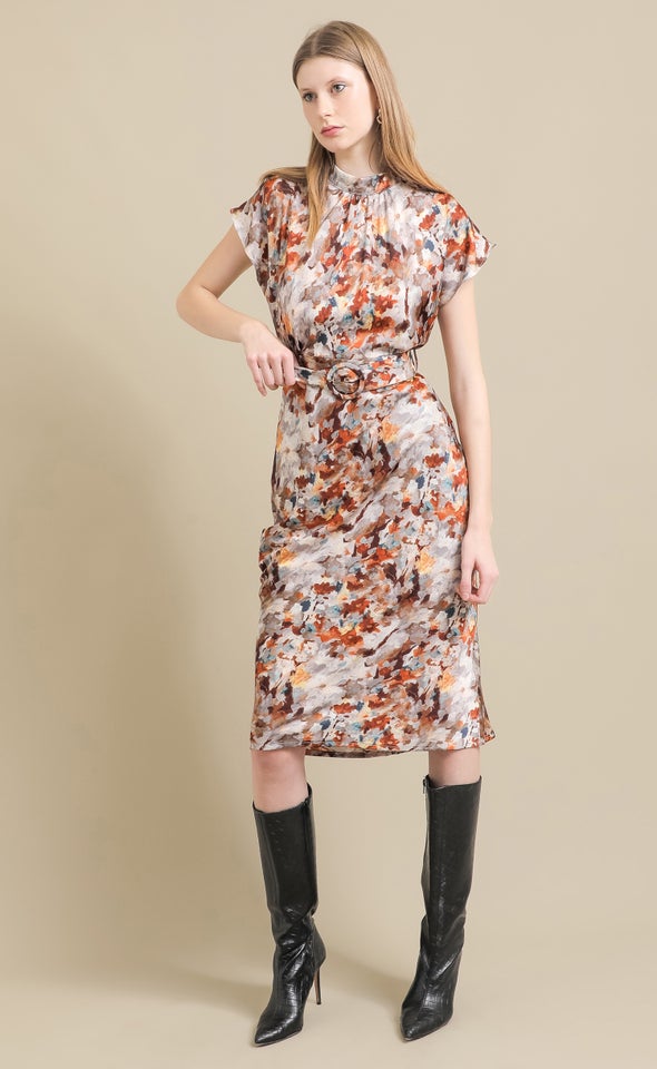 Ptd Satin High Neck Belted Flutter Dress Multi