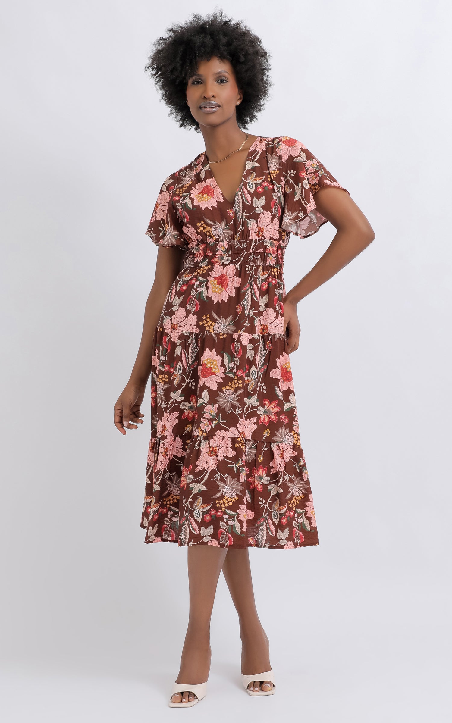 Shop our Ptd Voile Flutter Sleeve Dress in Chocolate/floral | Pagani