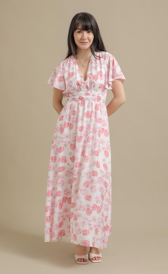 Ptd Voile Flutter Sleeve Maxi Cream/pink Floral