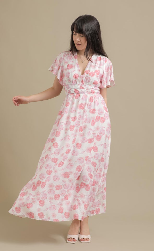 Ptd Voile Flutter Sleeve Maxi Cream/pink Floral