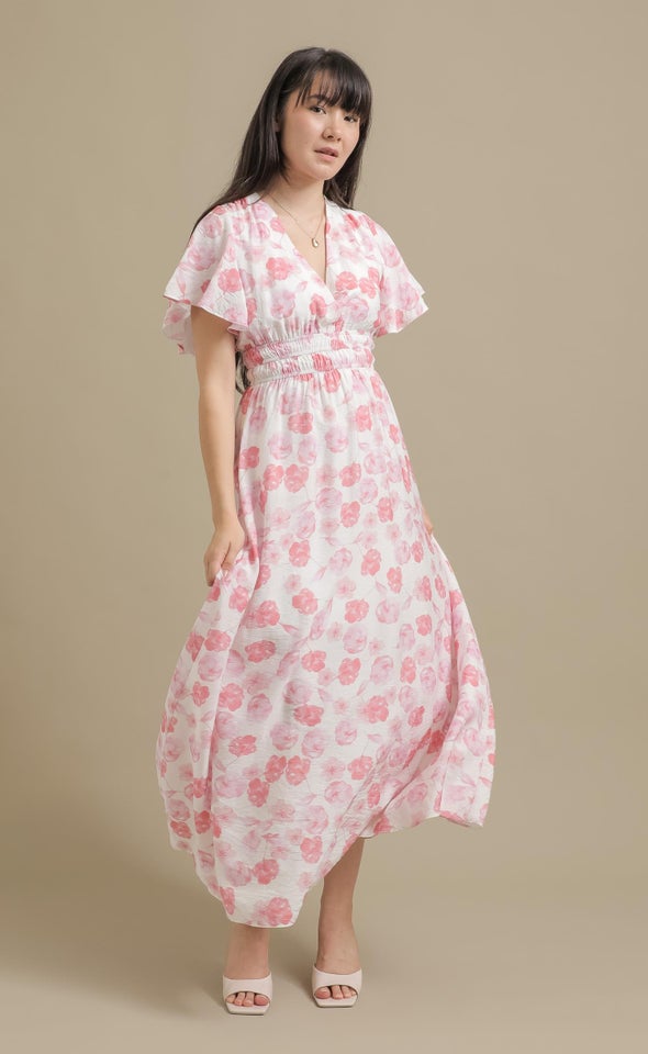 Ptd Voile Flutter Sleeve Maxi Cream/pink Floral