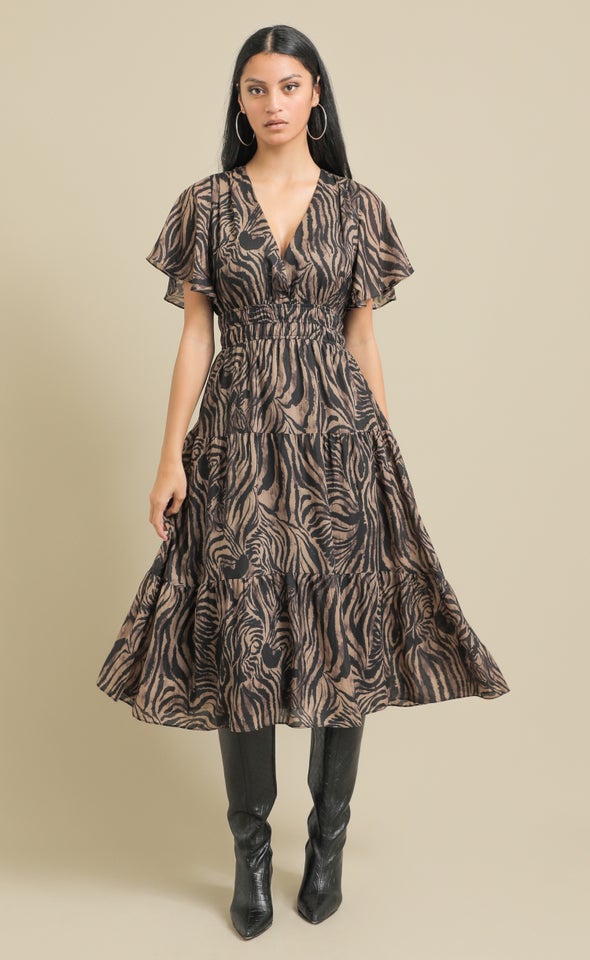 Ptd Voile Flutter Slv Dress Animal