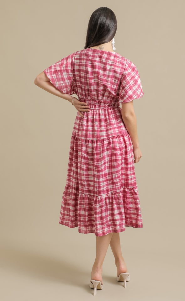 Ptd Voile Flutter Slv Dress Gingham/berry