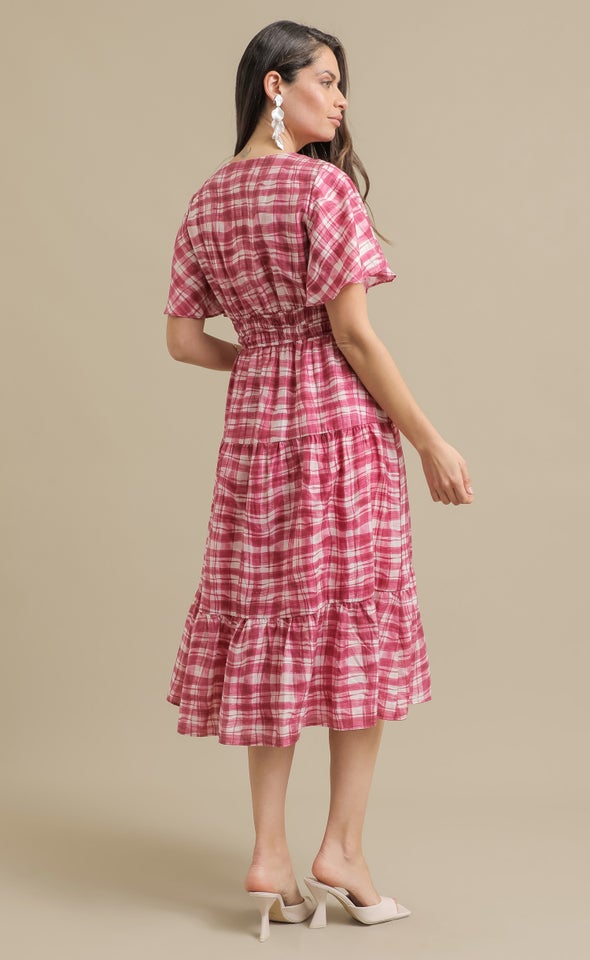 Ptd Voile Flutter Slv Dress Gingham/berry