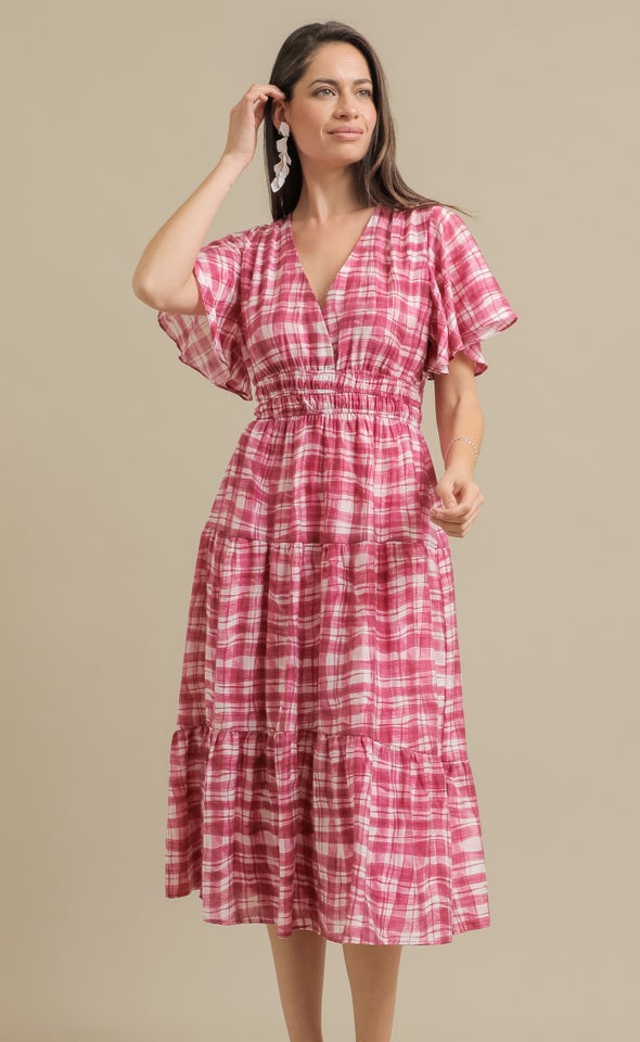Ptd Voile Flutter Slv Dress Gingham/berry