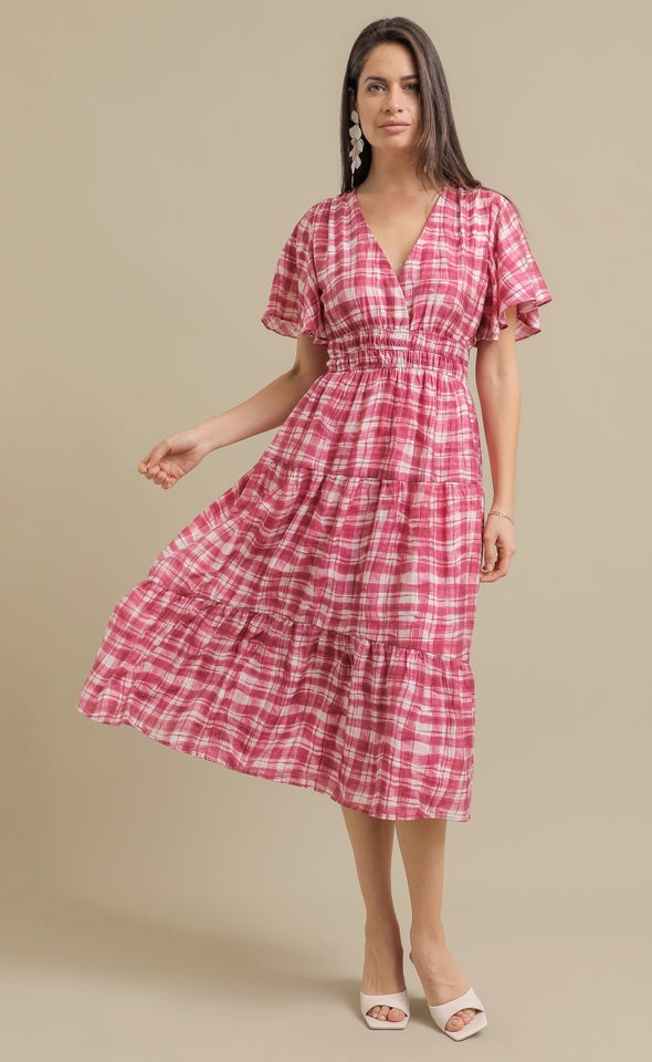 Ptd Voile Flutter Slv Dress Gingham/berry