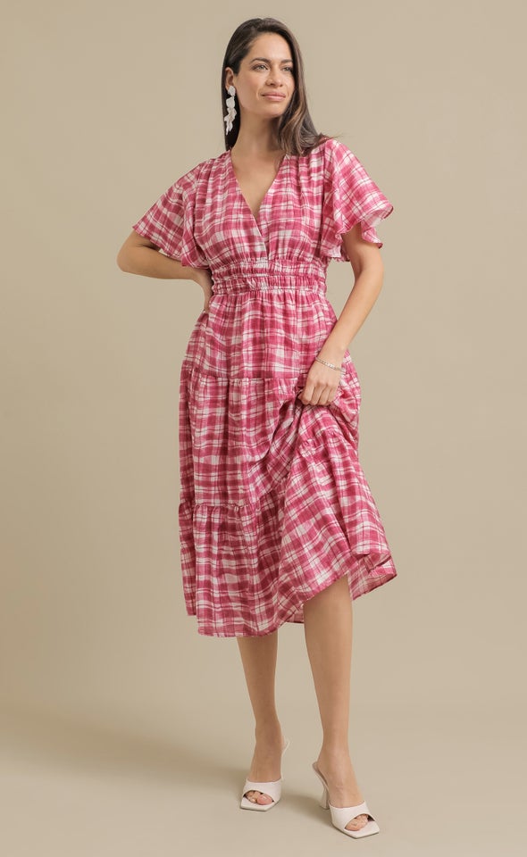 Ptd Voile Flutter Slv Dress Gingham/berry