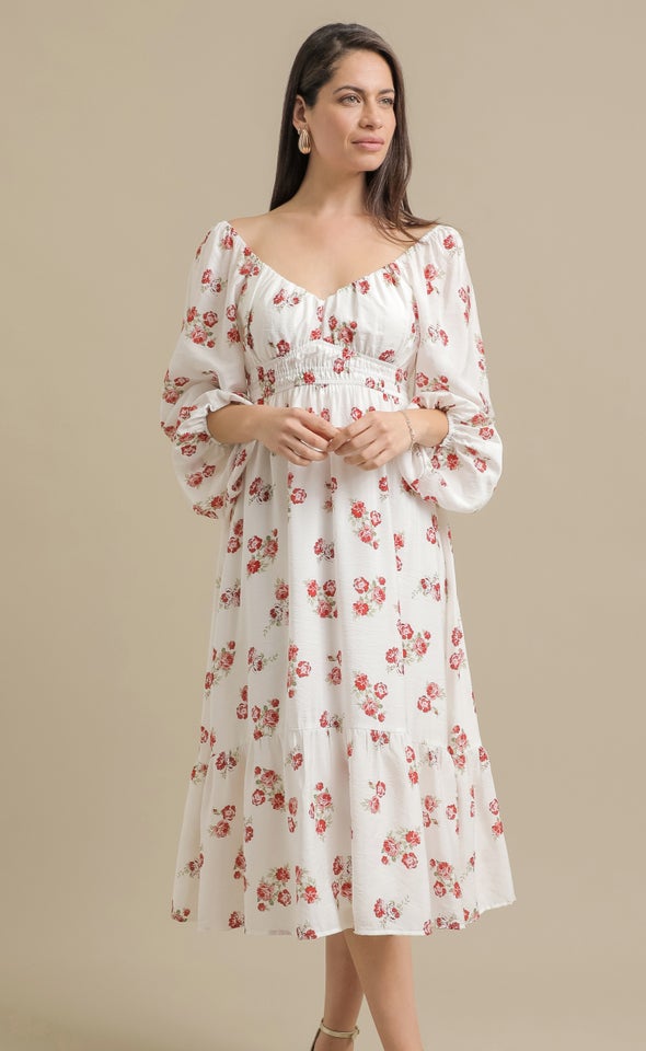 Ptd Voile Sweetheart LS Midi Dress Cream/red Floral