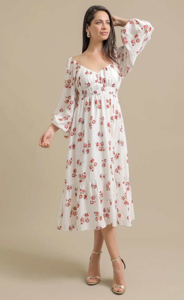 Ptd Voile Sweetheart LS Midi Dress Cream/red Floral