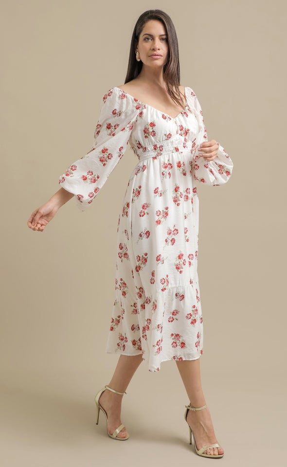 Ptd Voile Sweetheart LS Midi Dress Cream/red Floral