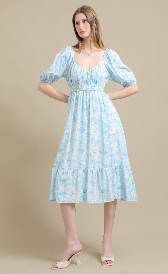 Ptd Voile Sweetheart Midi Dress Cream/blue Floral