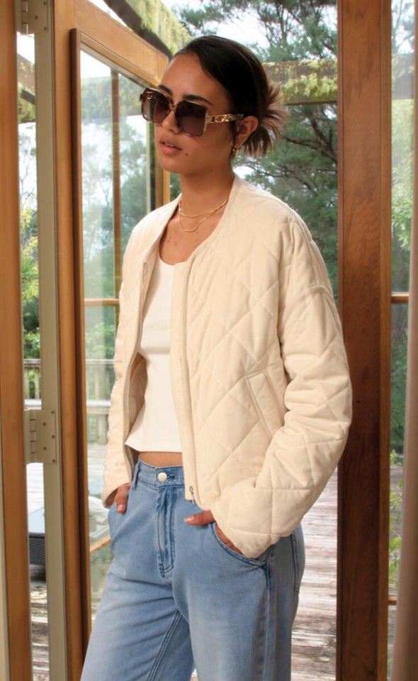 Quilted Zip Front Jacket Natural