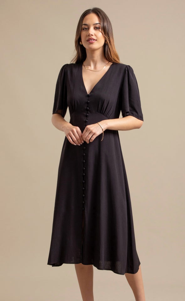 Rayon Blend Button Front Dress Black