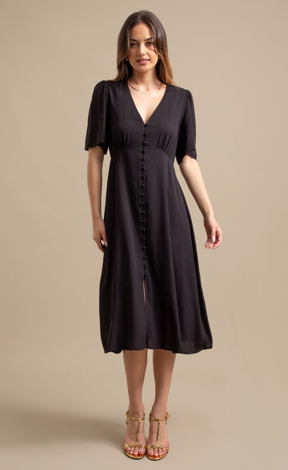 Rayon Blend Button Front Dress Black