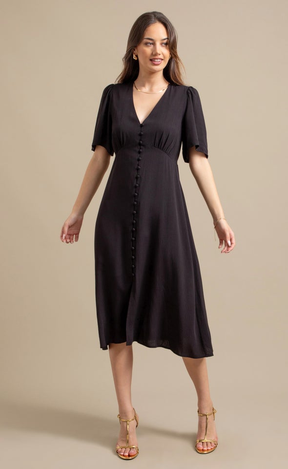Rayon Blend Button Front Dress Black