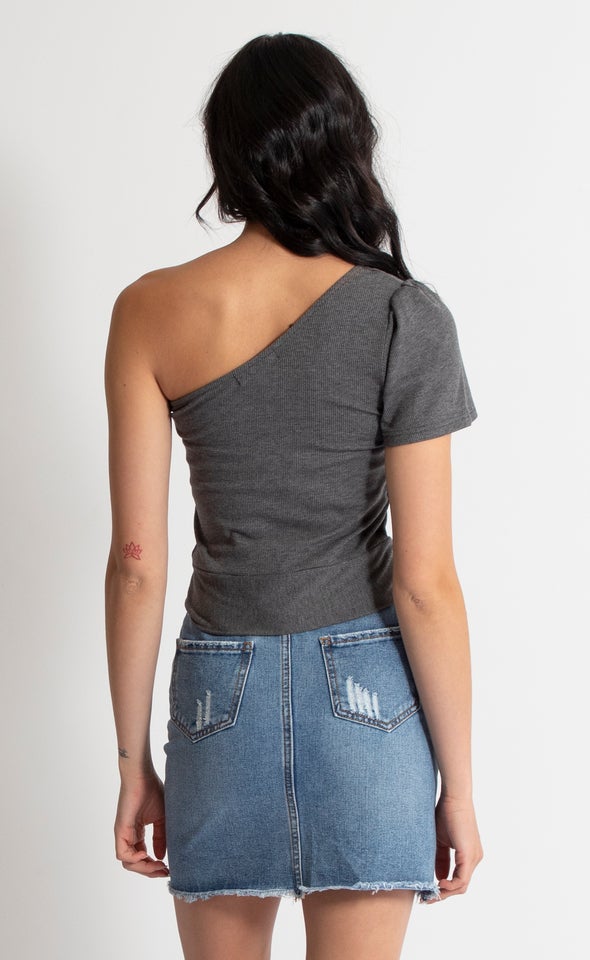 Rib Jersey One Shoulder Crop Top Charcoal