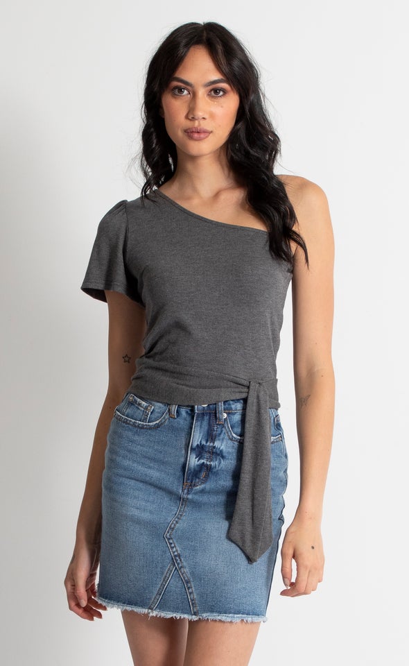 Rib Jersey One Shoulder Crop Top Charcoal