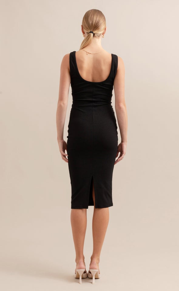 Rib Jersey Ruched Midi Dress Black