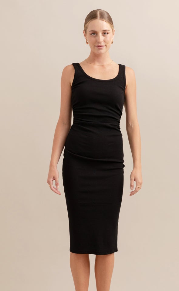 Rib Jersey Ruched Midi Dress Black