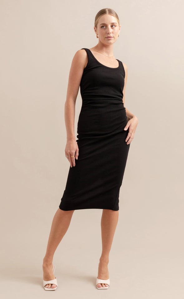 Rib Jersey Ruched Midi Dress Black