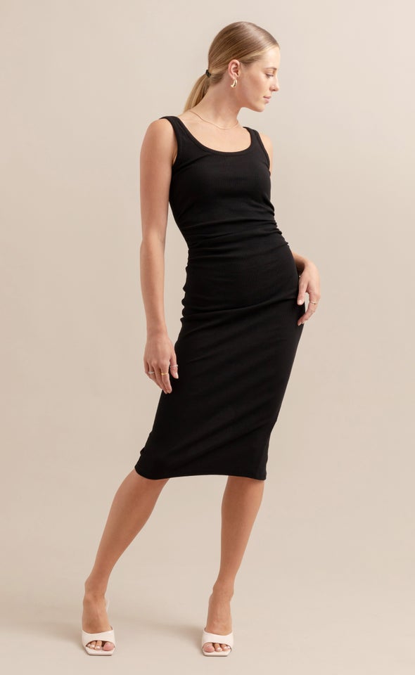 Rib Jersey Ruched Midi Dress Black