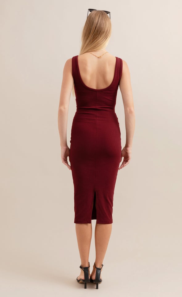 Rib Jersey Ruched Midi Dress Merlot