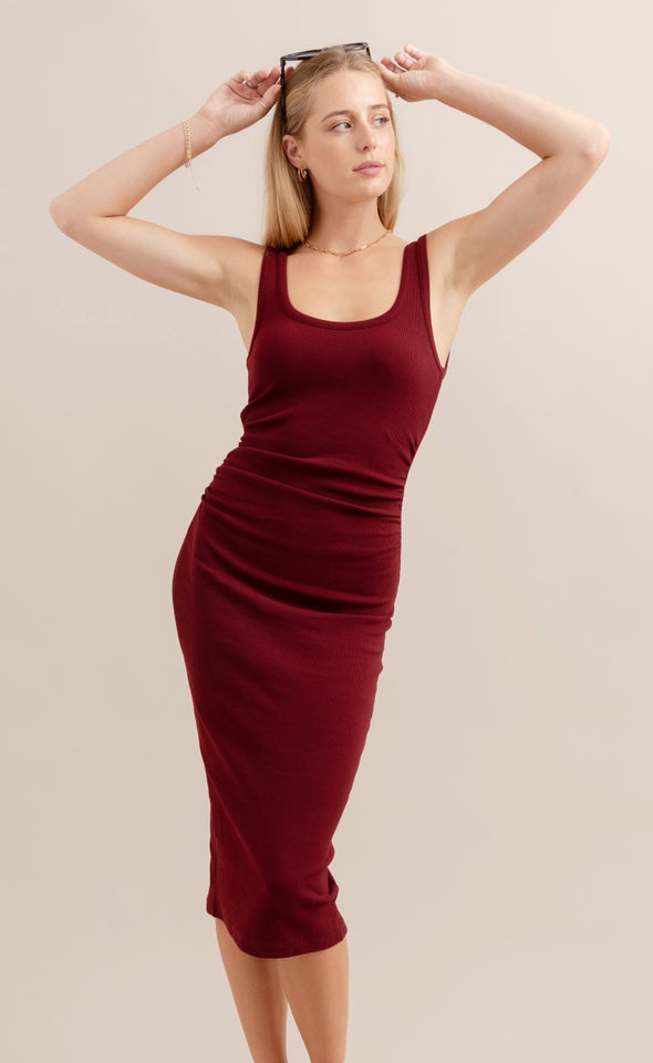 Rib Jersey Ruched Midi Dress Merlot