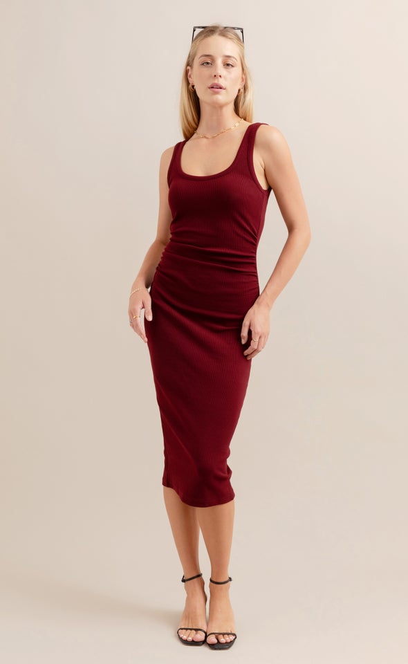 Rib Jersey Ruched Midi Dress Merlot