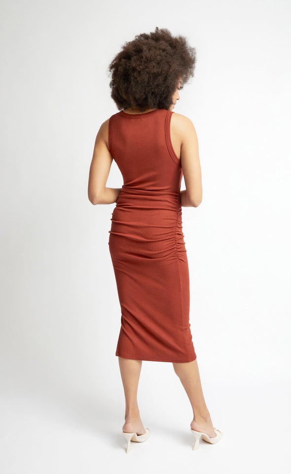 Rib Jersey Ruched Tank Dress Rust