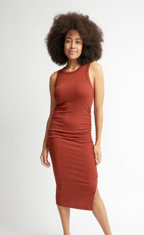 Rib Jersey Ruched Tank Dress Rust