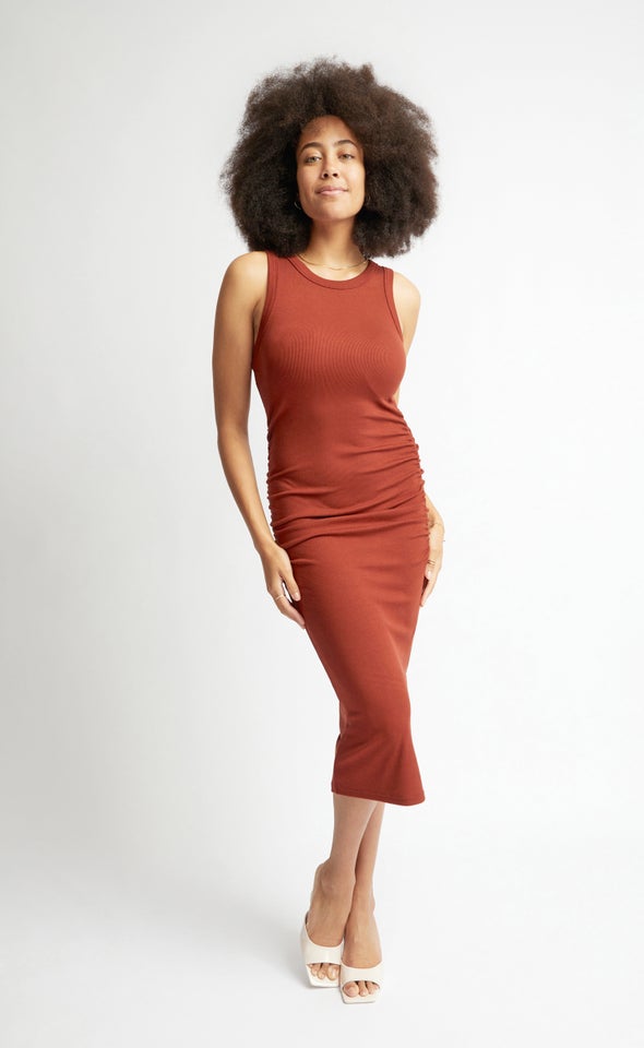 Rib Jersey Ruched Tank Dress Rust
