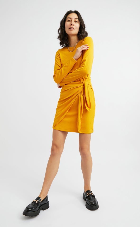 Rib Jersey Wrap Skirt Dress Cheddar