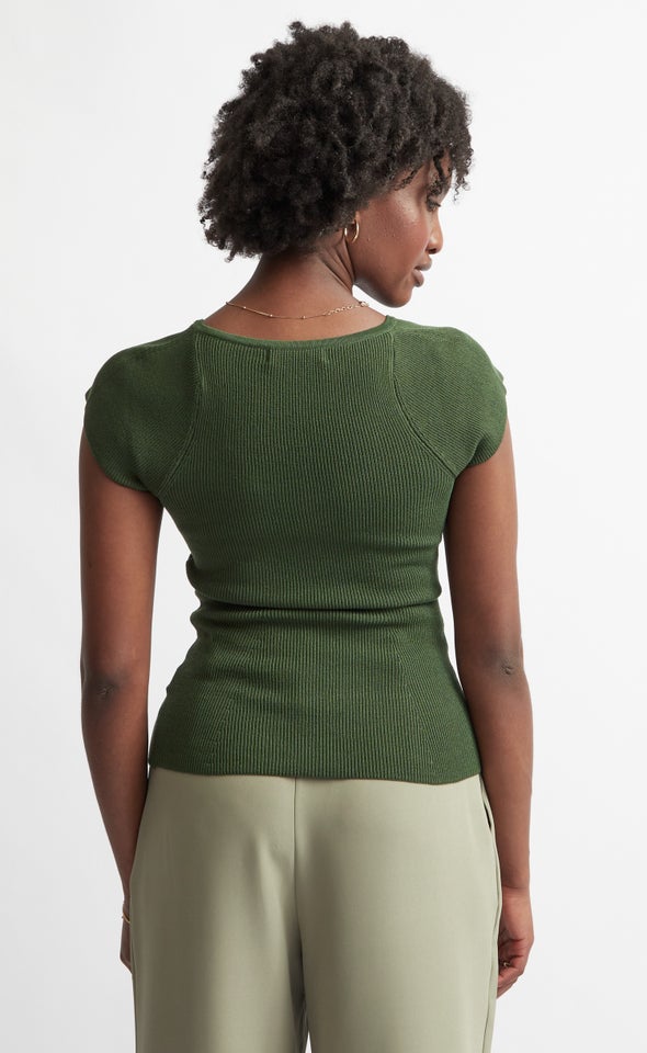 Rib Knit Sweetheart Neckline Top Khaki