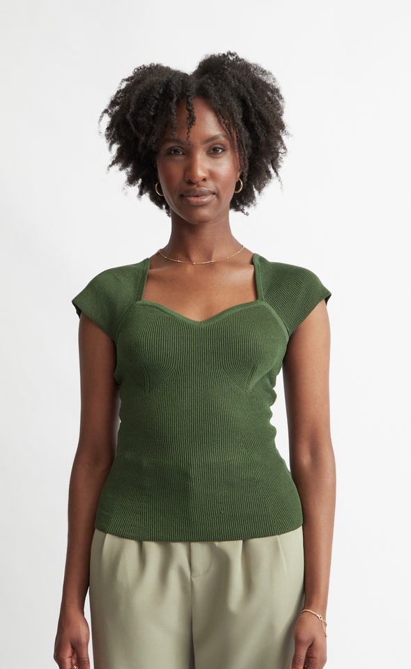 Rib Knit Sweetheart Neckline Top Khaki