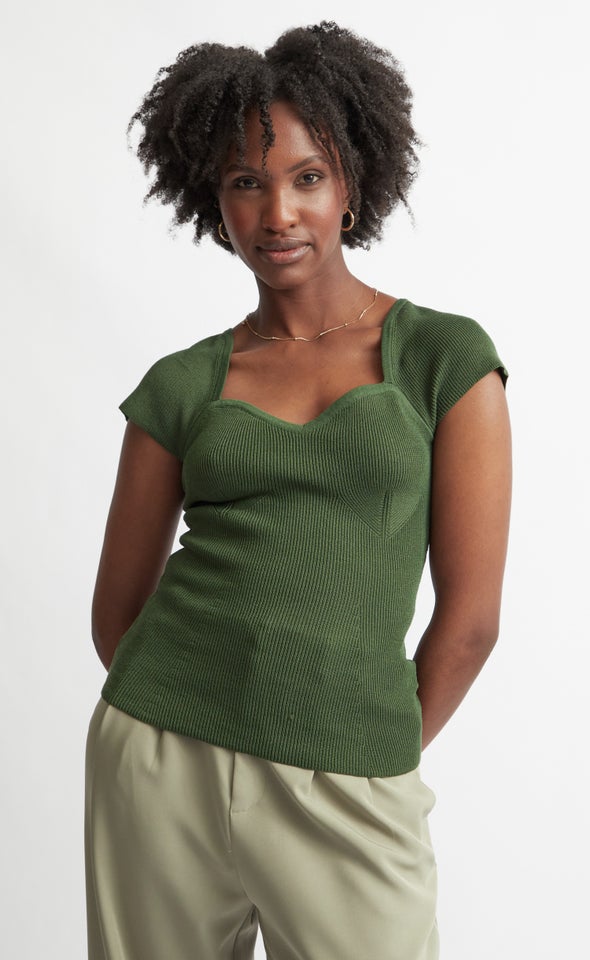 Rib Knit Sweetheart Neckline Top Khaki