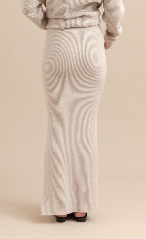 Ribbed Midi Skirt with Split Natural