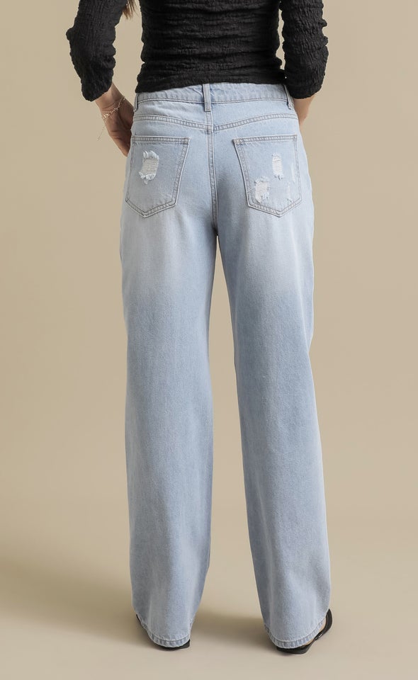 Ripped Knee Straight Leg Jeans Mid Blue
