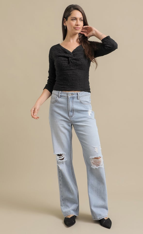 Ripped Knee Straight Leg Jeans Mid Blue