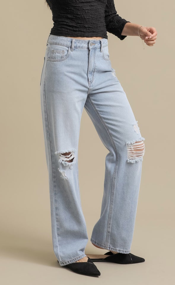 Ripped Knee Straight Leg Jeans Mid Blue