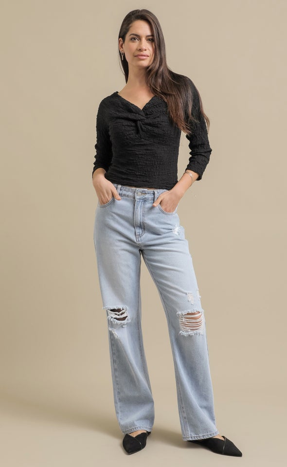 Ripped Knee Straight Leg Jeans Mid Blue