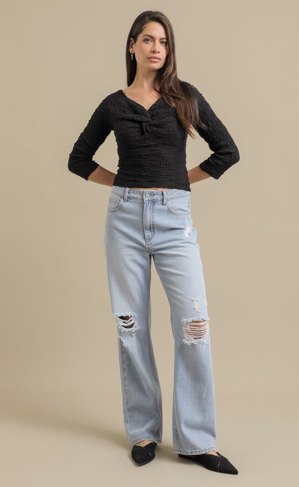 Ripped Knee Straight Leg Jeans Mid Blue
