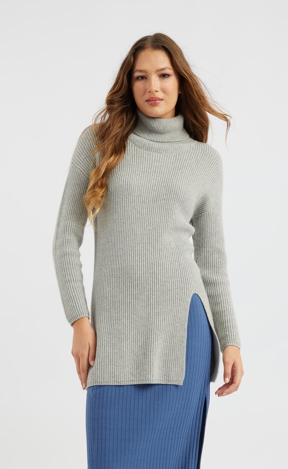 Roll Neck Front Split Tunic Grey Marle