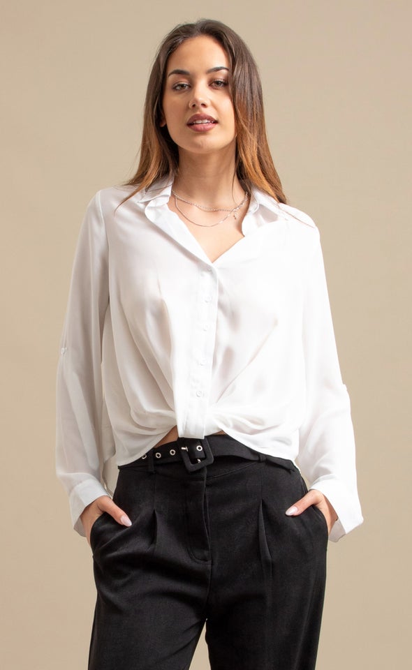 Roll Sleeve Knot Front Shirt White