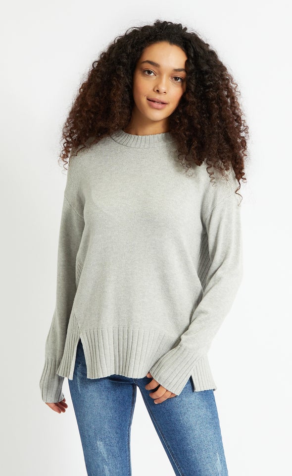 Round Neck Longline Sweater Grey Marle