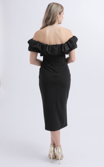 Shop our Ruched Frill Bardot Midi Dress in Black
