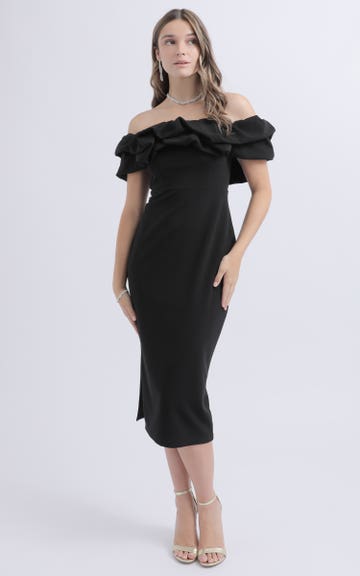 Shop our Ruched Frill Bardot Midi Dress in Black | Pagani